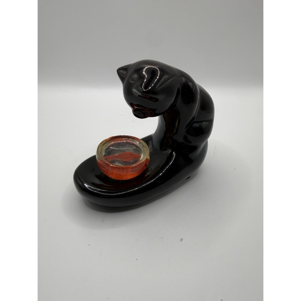 Vintage Royal Haeger Pottery Ceramic Black Cat with Fish Bowl Figurine
